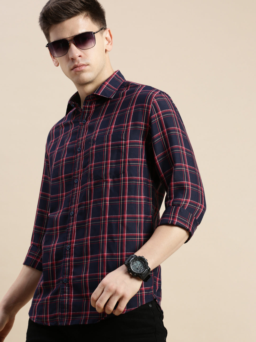 Men Spread Collar Checked Navy Blue Shirt