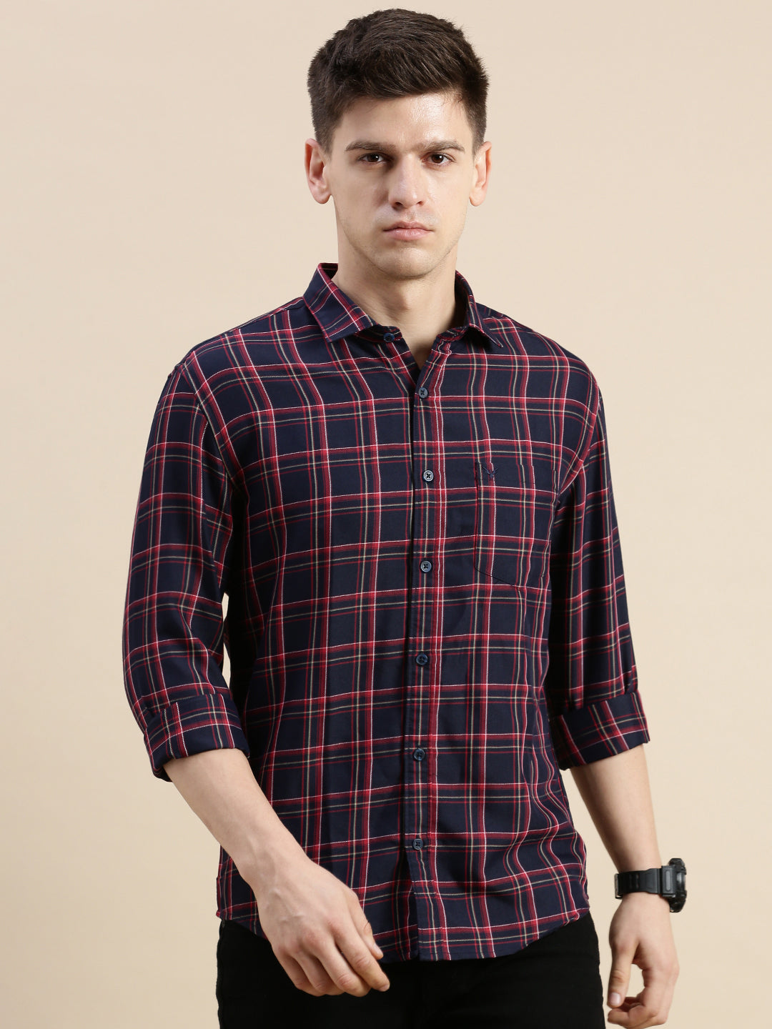 Men Spread Collar Checked Navy Blue Shirt