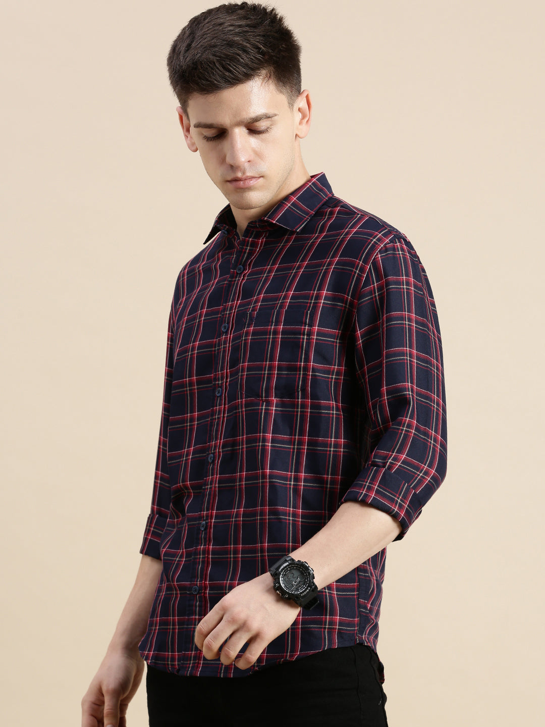 Men Spread Collar Checked Navy Blue Shirt