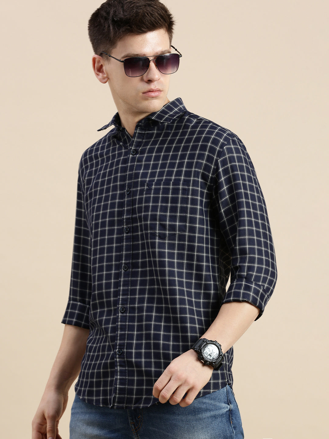 Men Spread Collar Checked Navy Blue Shirt