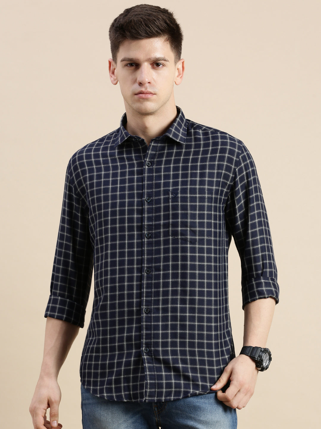 Men Spread Collar Checked Navy Blue Shirt