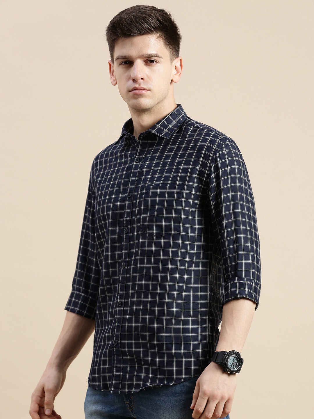 Men Spread Collar Checked Navy Blue Shirt