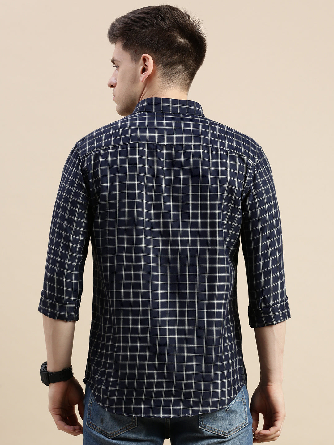 Men Spread Collar Checked Navy Blue Shirt