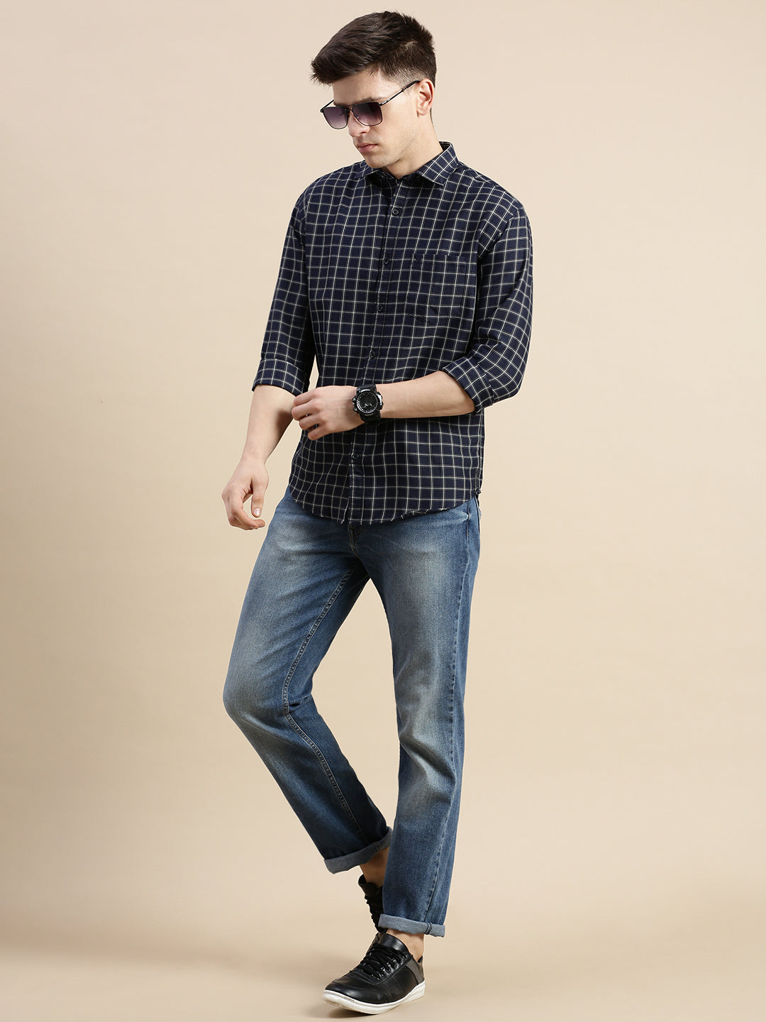 Men Spread Collar Checked Navy Blue Shirt