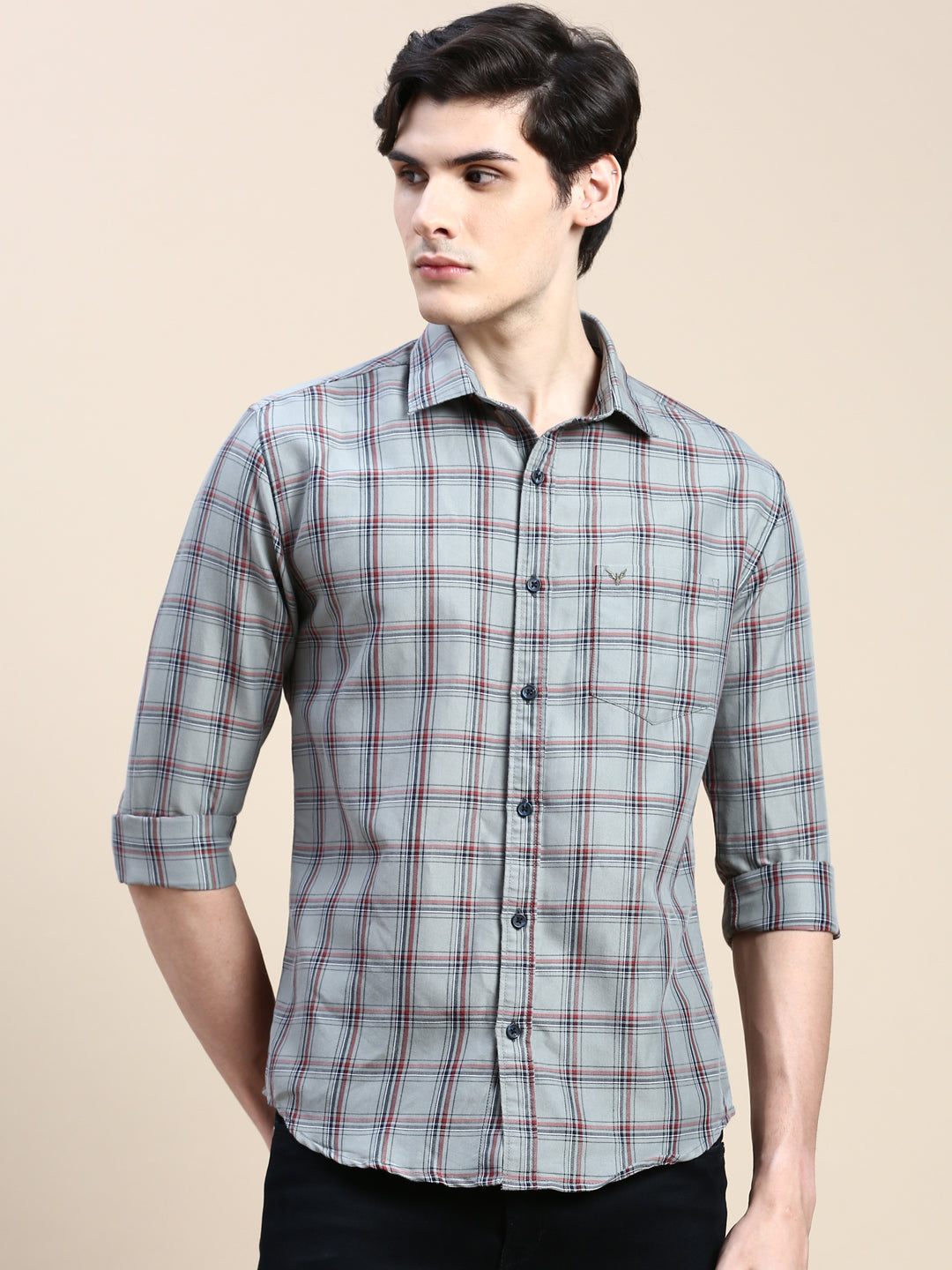 Men Spread Collar Checked Grey Shirt