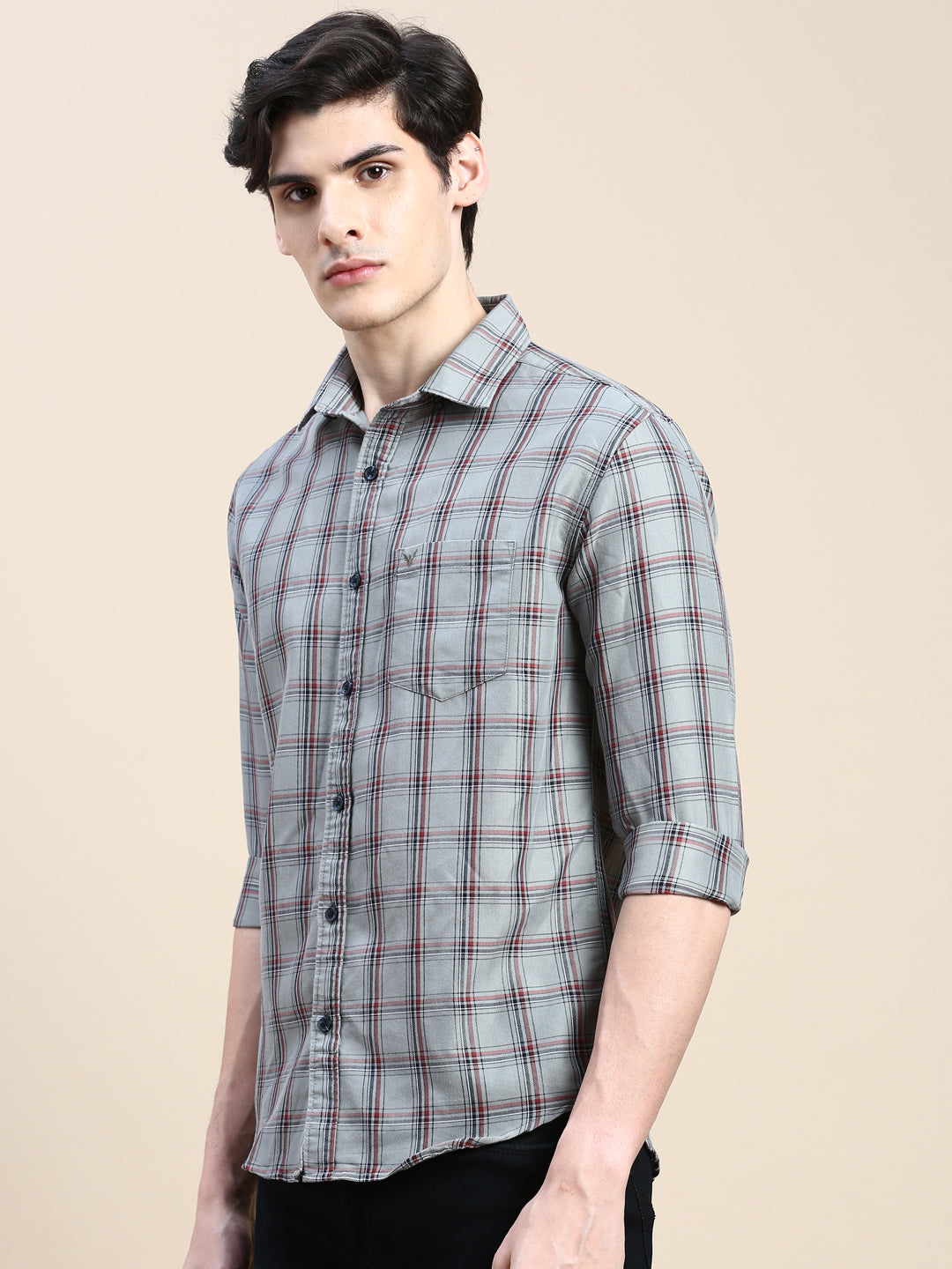 Men Spread Collar Checked Grey Shirt