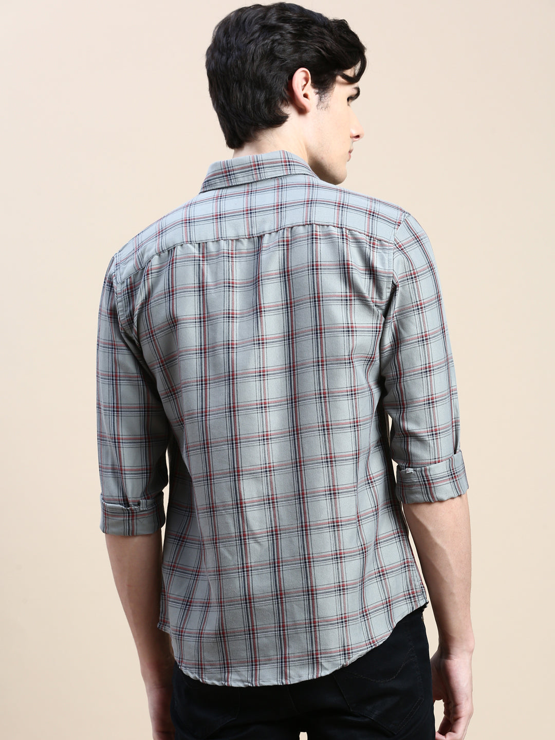 Men Spread Collar Checked Grey Shirt