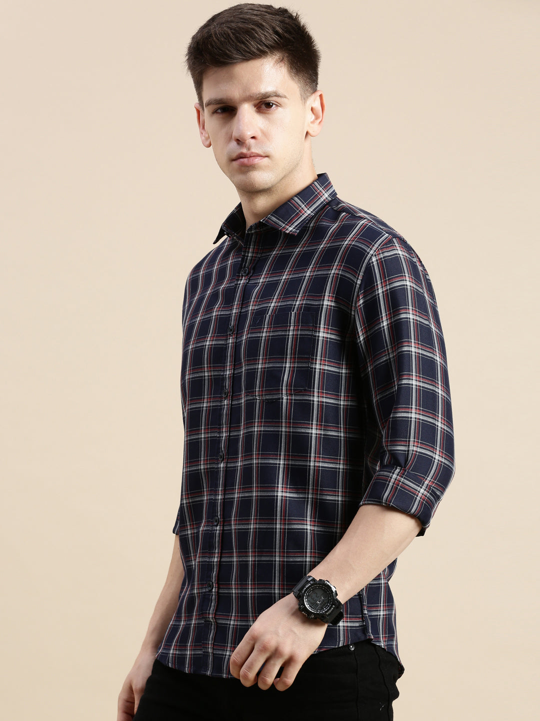 Men Spread Collar Checked Navy Blue Shirt