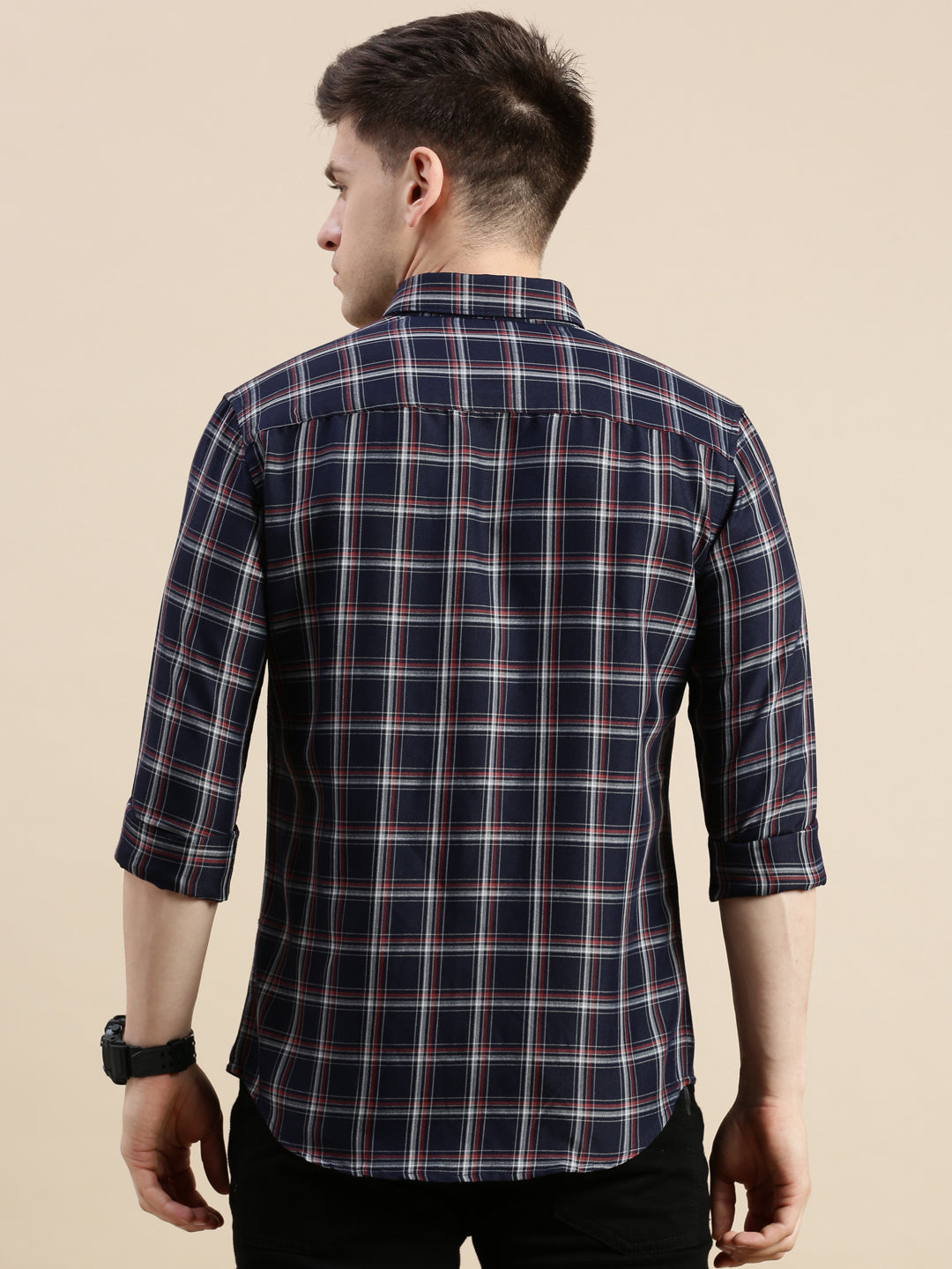 Men Spread Collar Checked Navy Blue Shirt