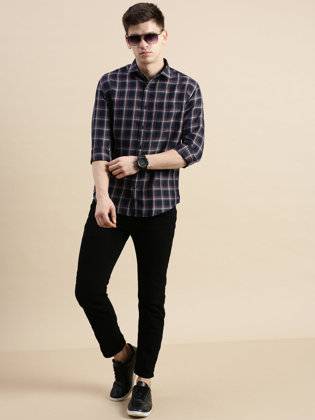 Men Spread Collar Checked Navy Blue Shirt