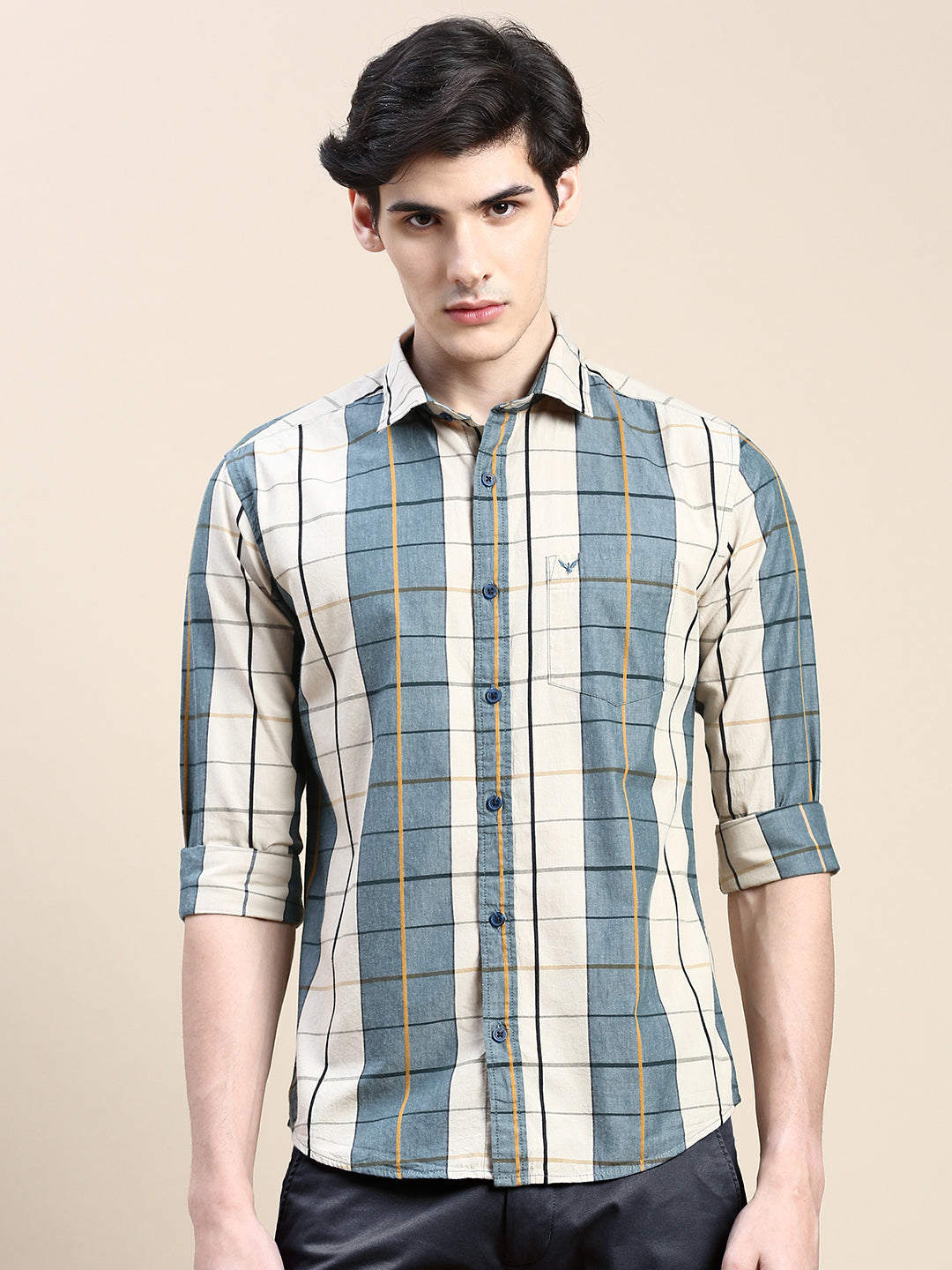 Men Spread Collar Checked Teal Shirt