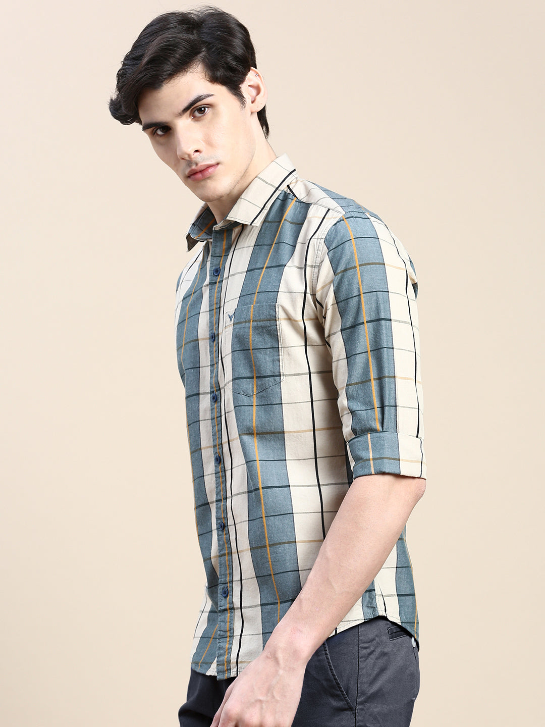 Men Spread Collar Checked Teal Shirt