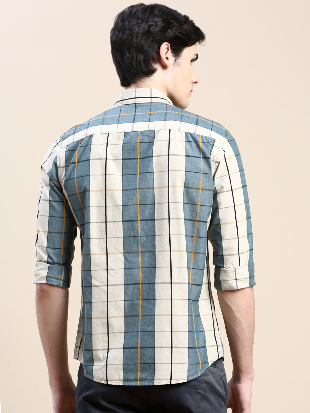 Men Spread Collar Checked Teal Shirt