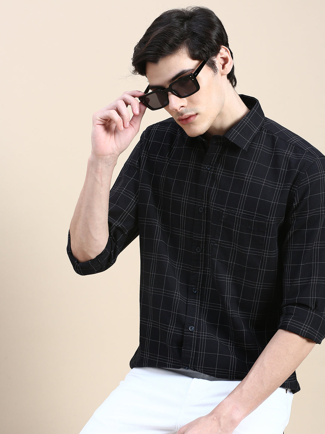 Men Spread Collar Checked Black Shirt