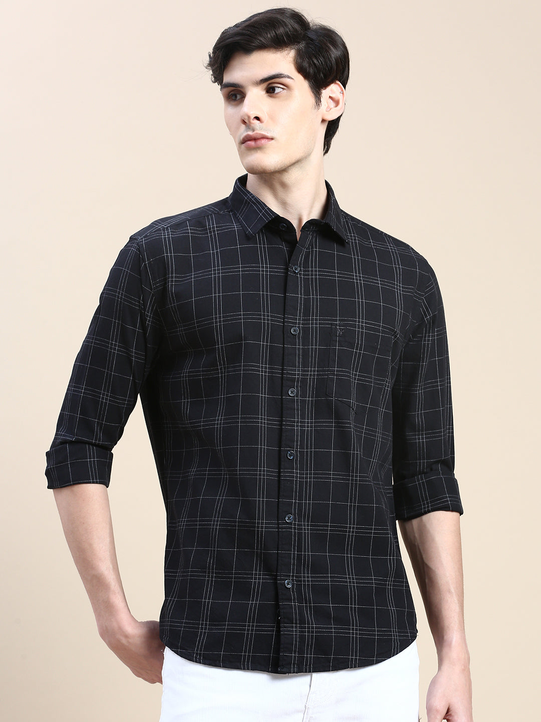 Men Spread Collar Checked Black Shirt