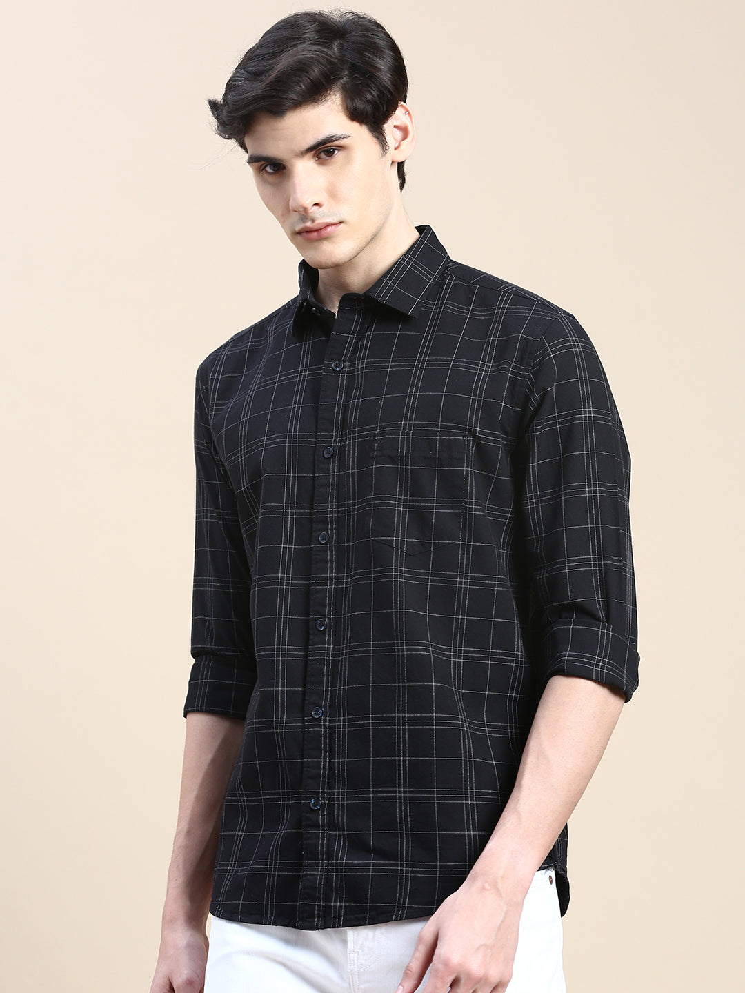 Men Spread Collar Checked Black Shirt