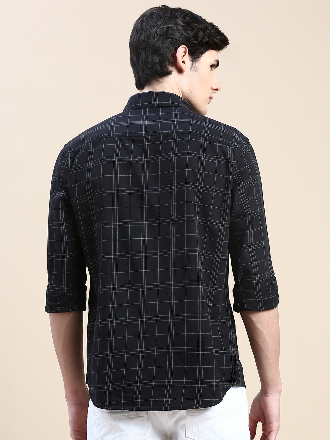 Men Spread Collar Checked Black Shirt