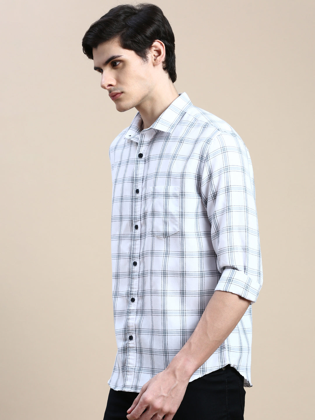 Men Spread Collar Checked White Shirt