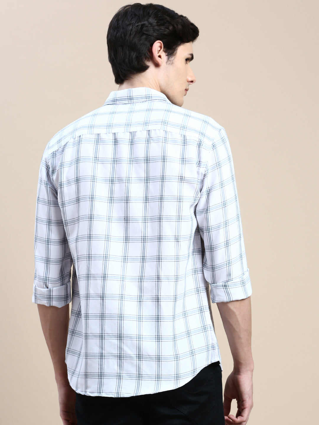 Men Spread Collar Checked White Shirt