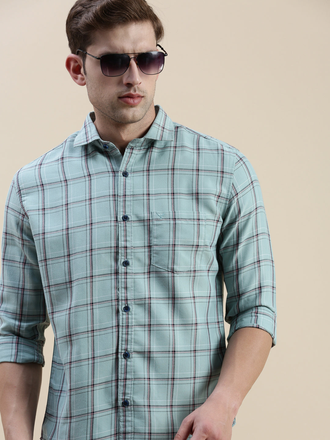 Men Spread Collar Checked Sea Green Shirt