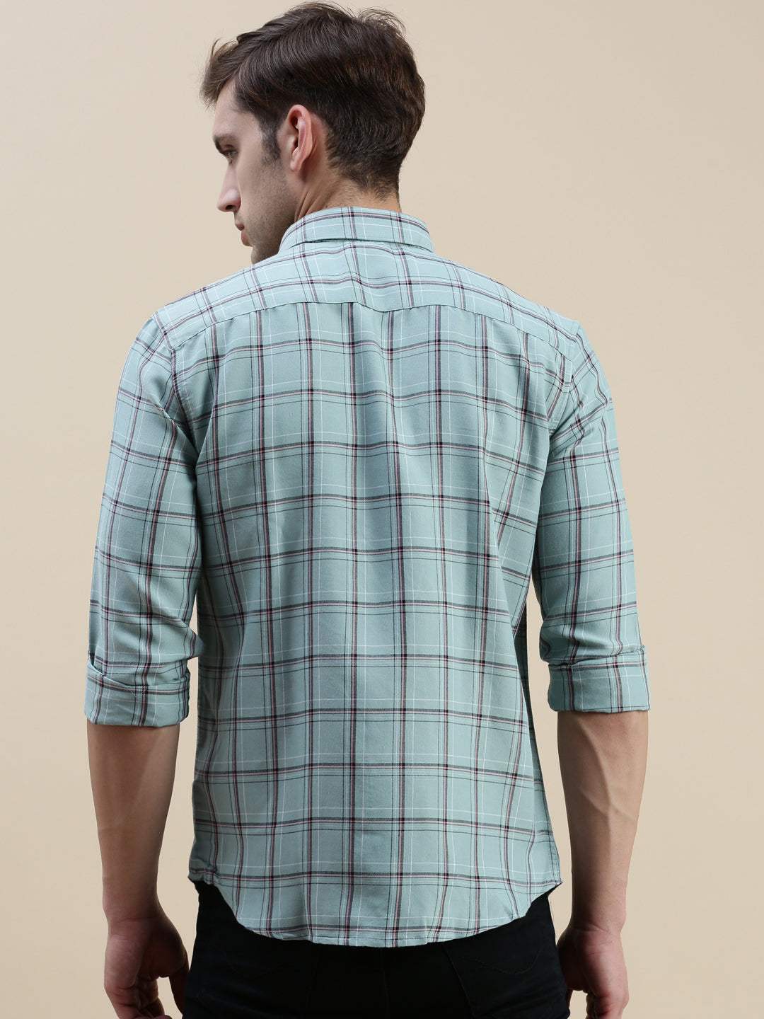 Men Spread Collar Checked Sea Green Shirt