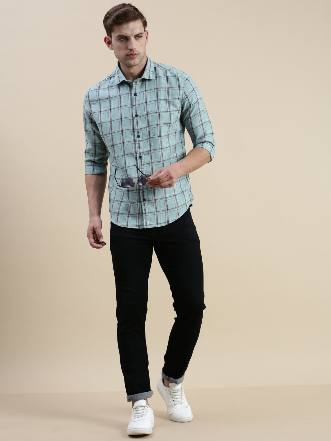 Men Spread Collar Checked Sea Green Shirt