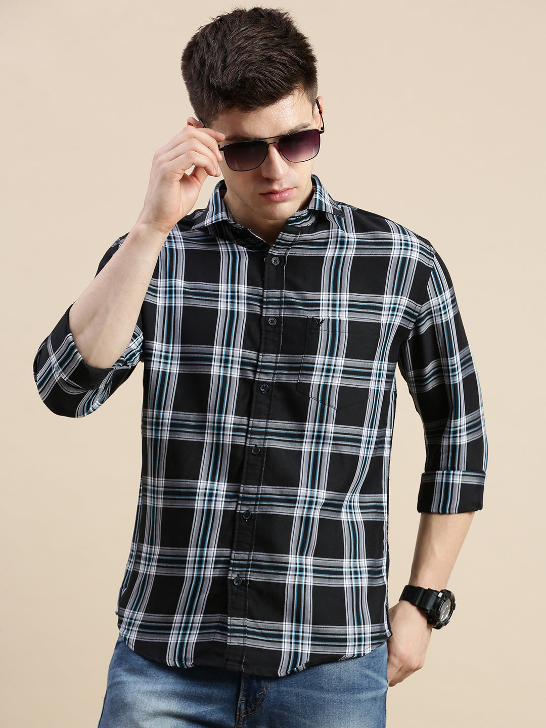 Men Spread Collar Checked Black Shirt