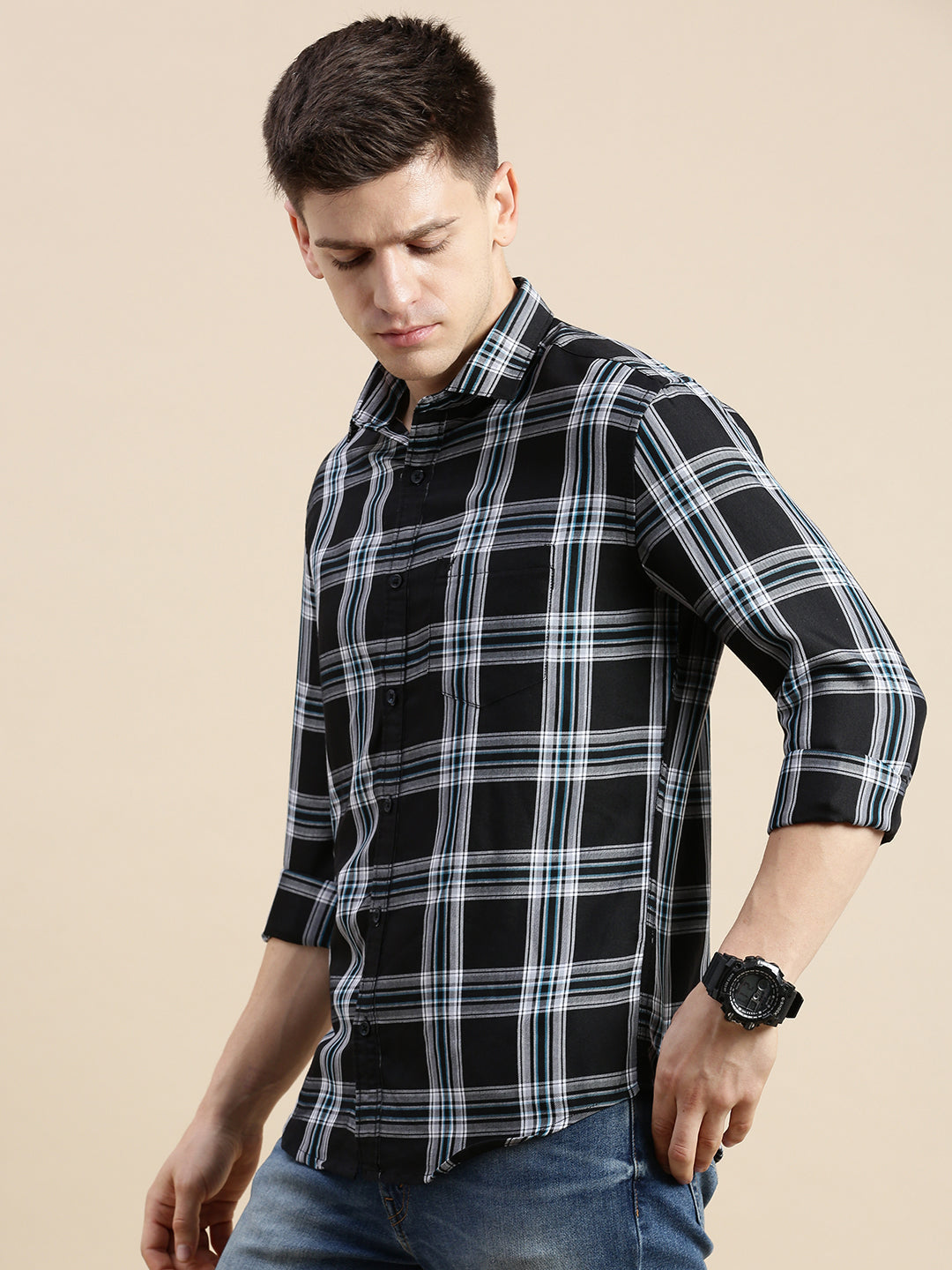 Men Spread Collar Checked Black Shirt