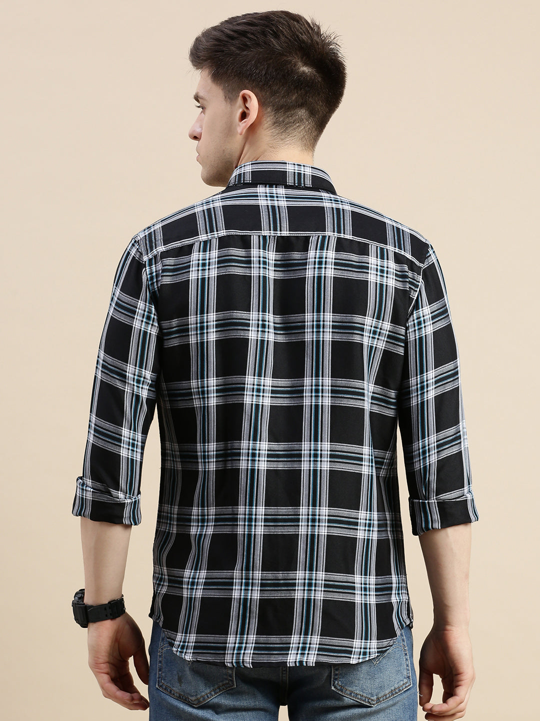 Men Spread Collar Checked Black Shirt