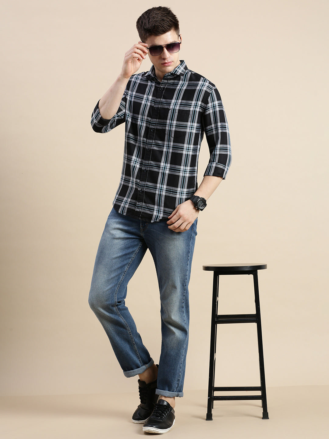 Men Spread Collar Checked Black Shirt