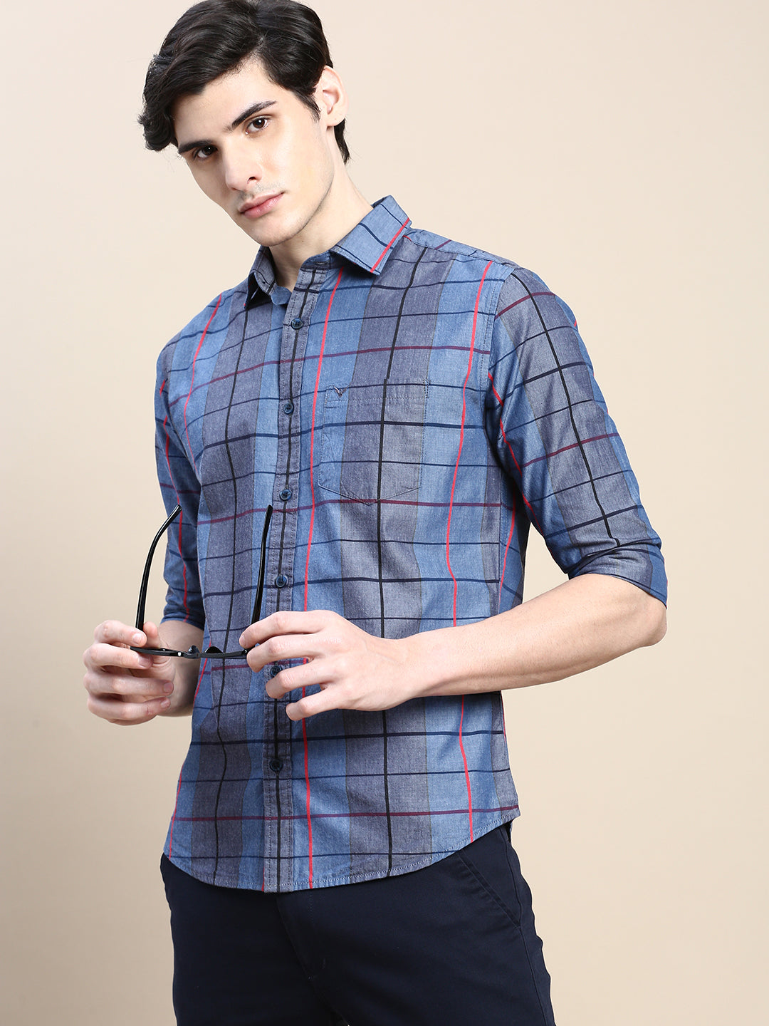 Men Spread Collar Checked Grey Shirt