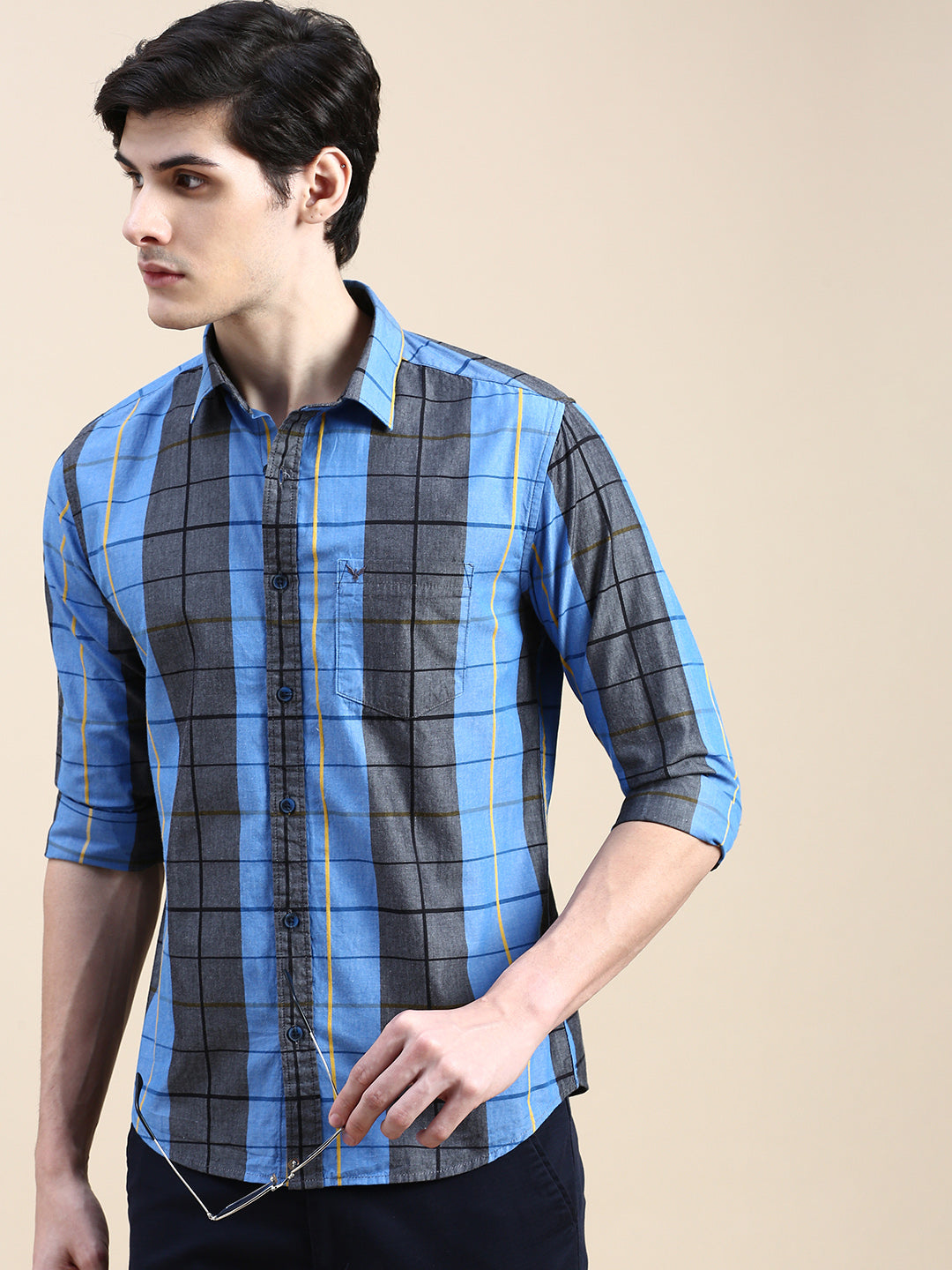 Men Spread Collar Checked Blue Shirt