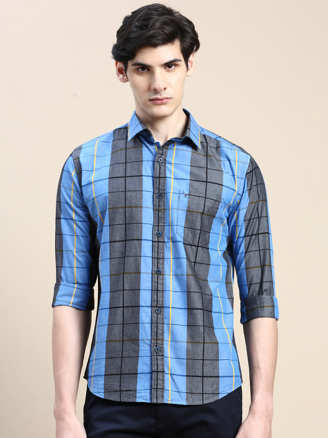 Men Spread Collar Checked Blue Shirt