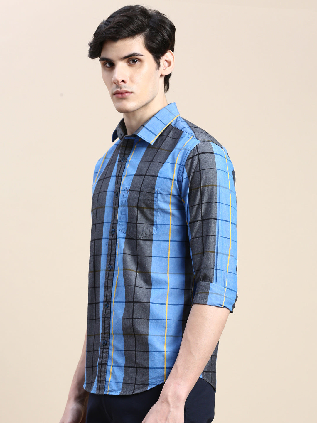 Men Spread Collar Checked Blue Shirt