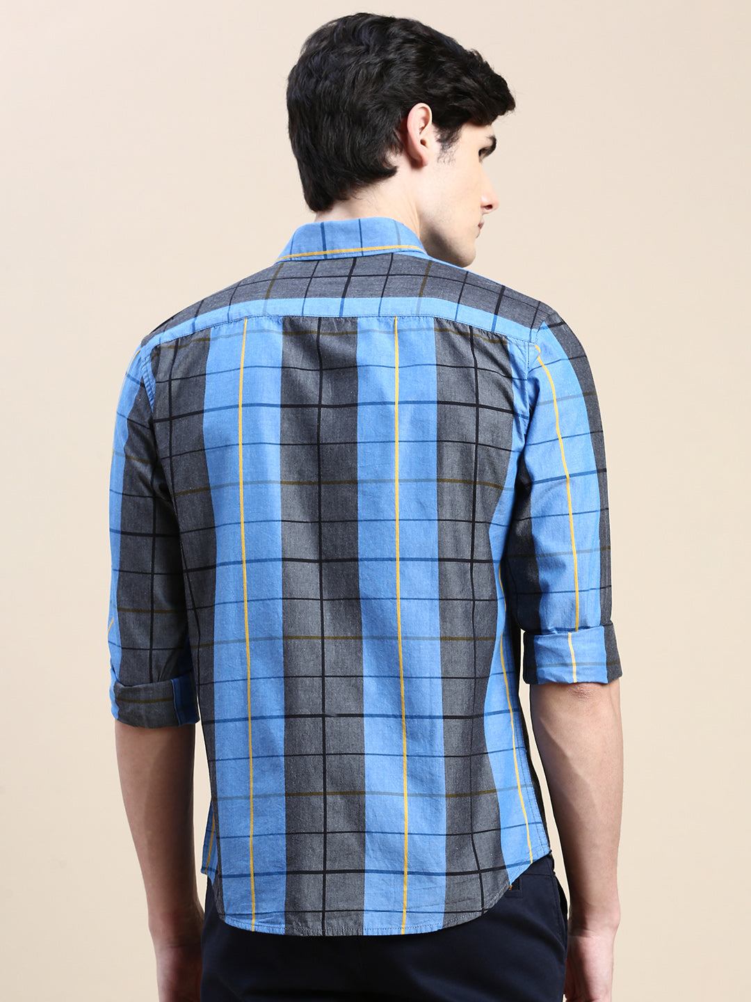 Men Spread Collar Checked Blue Shirt