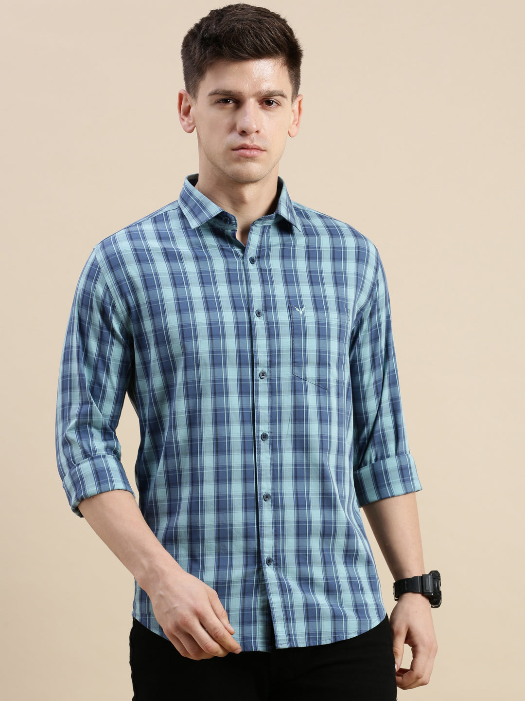 Men Spread Collar Checked Blue Shirt