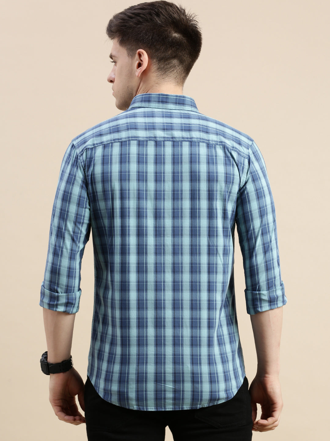 Men Spread Collar Checked Blue Shirt