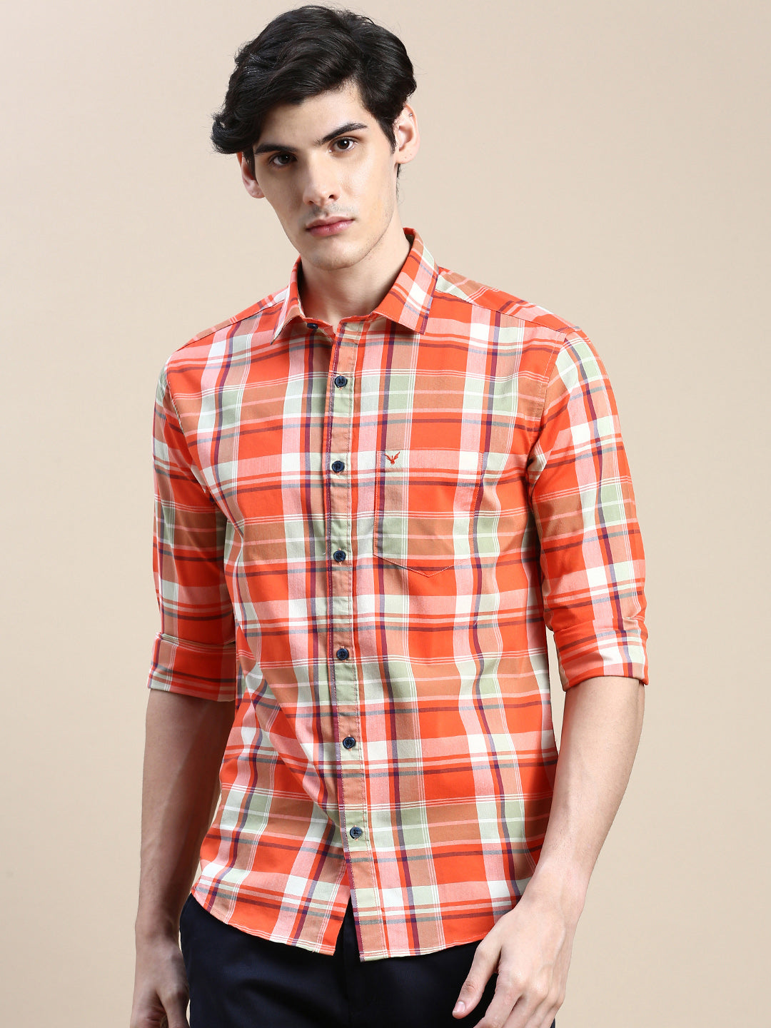 Men Spread Collar Checked Orange Shirt