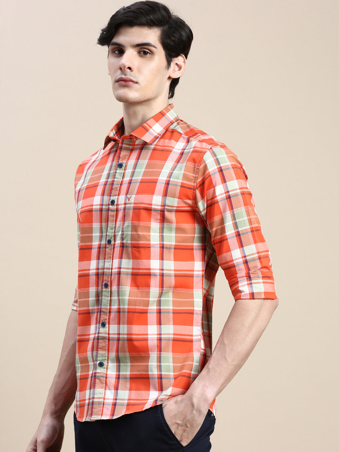 Men Spread Collar Checked Orange Shirt