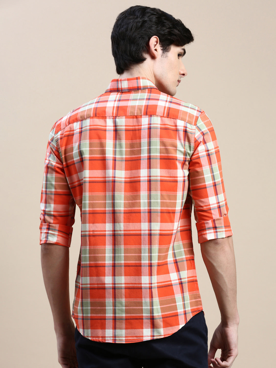 Men Spread Collar Checked Orange Shirt