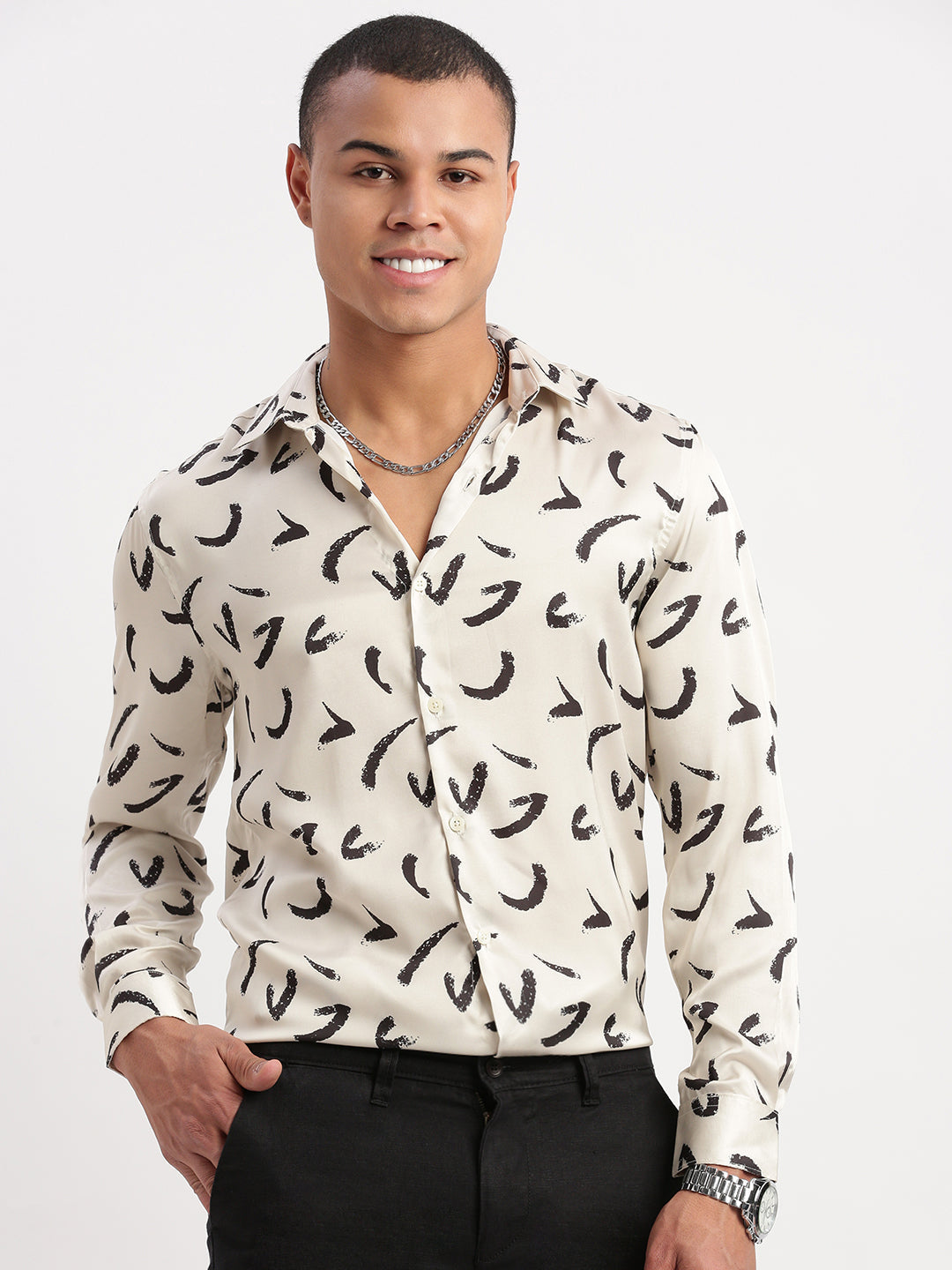 Men Graphic Cream Party Shirt