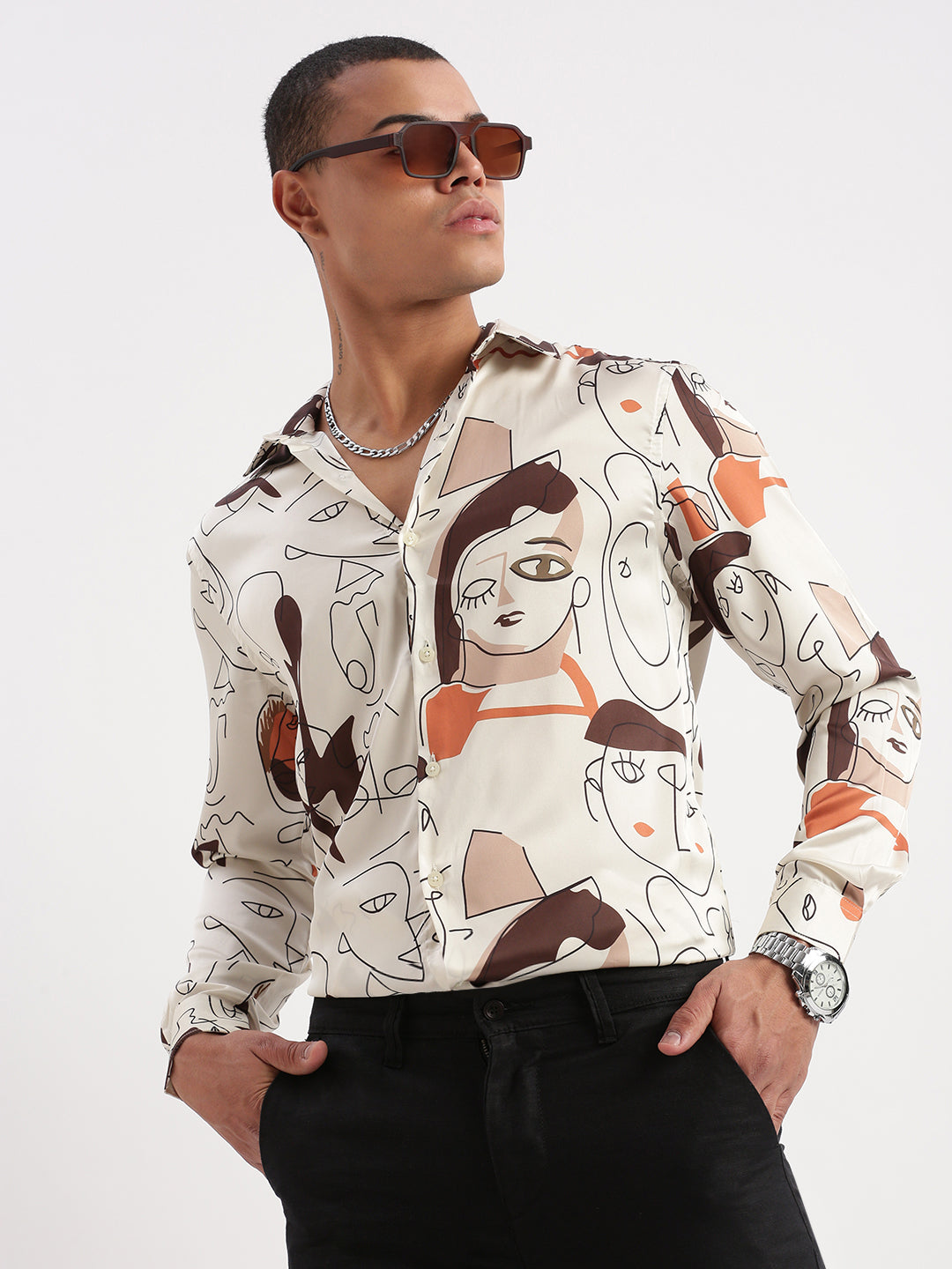 Men Graphic Cream Party Shirt