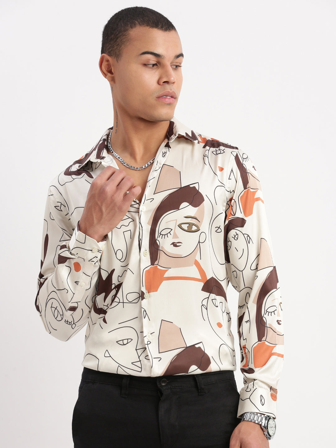 Men Graphic Cream Party Shirt