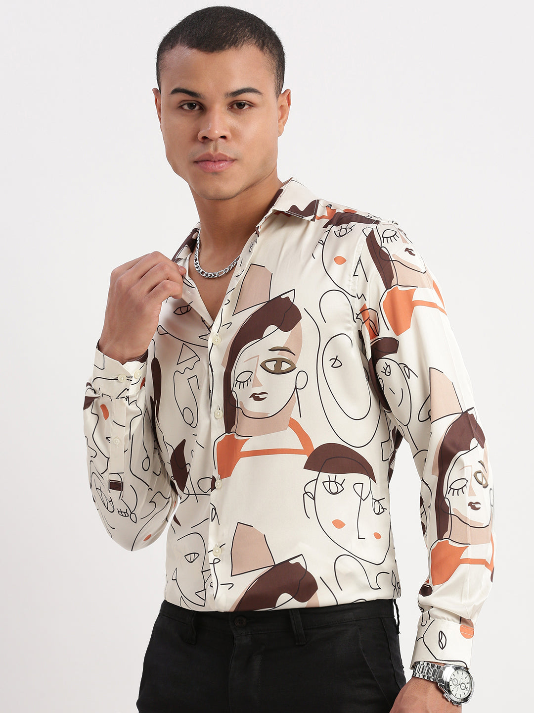 Men Graphic Cream Party Shirt