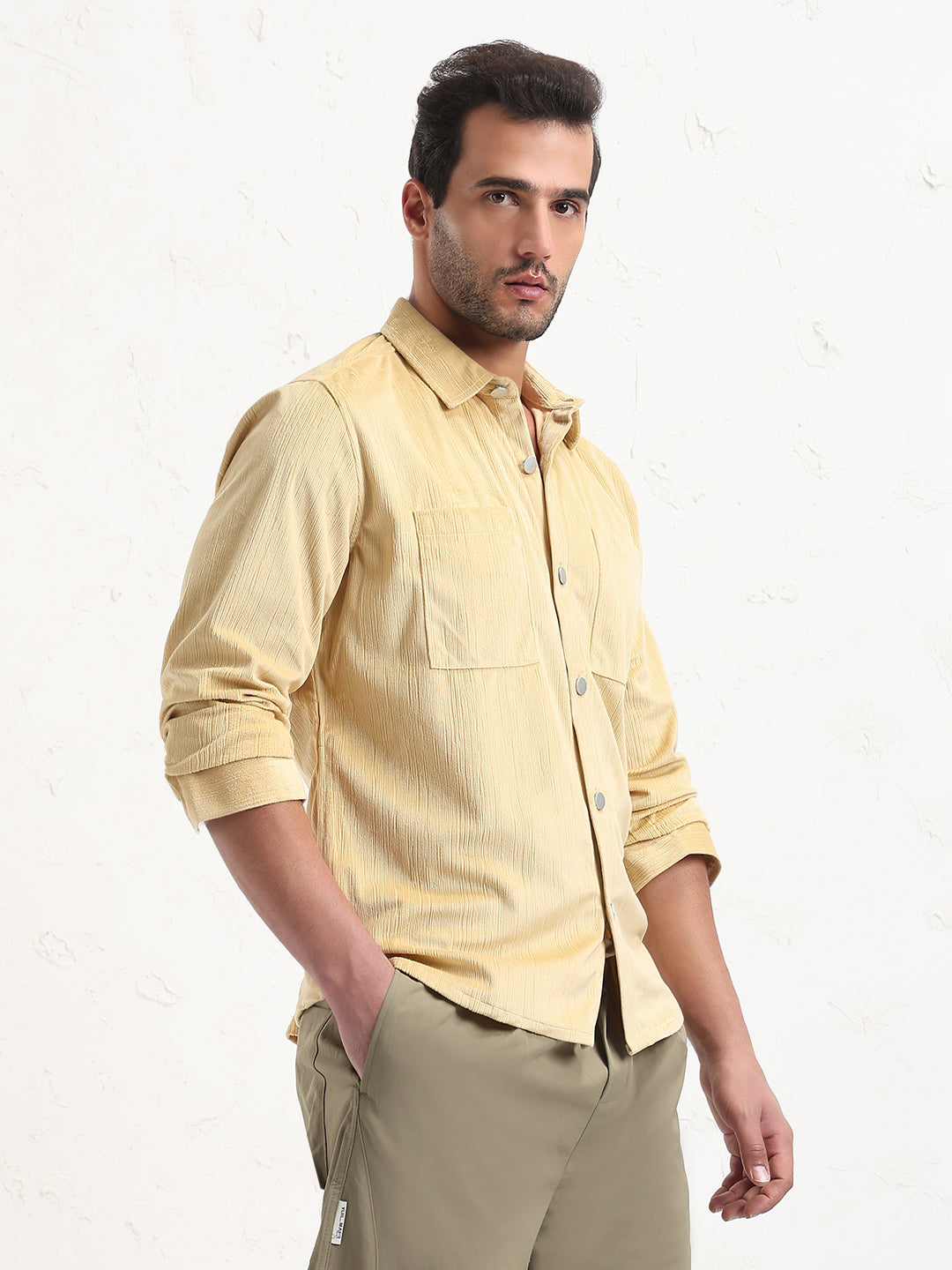 Men's Yellow Solid Slim Fit Shacket