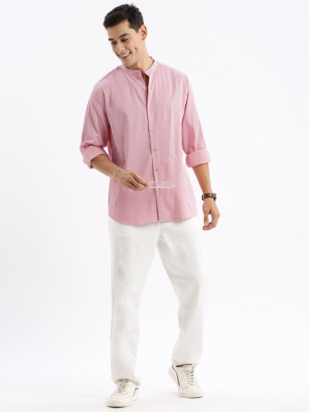 Men Mandarin Collar Solid Slim Fit Pink Shirt