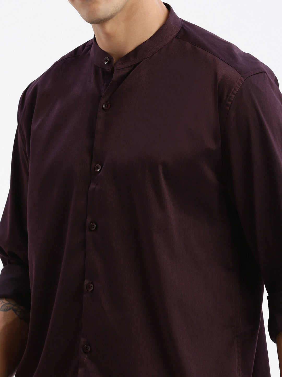 Men Mandarin Collar Solid Slim Fit Purple Shirt