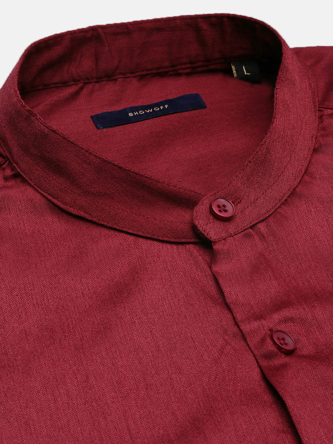 Men Mandarin Collar Solid Maroon Slim Fit Shirt