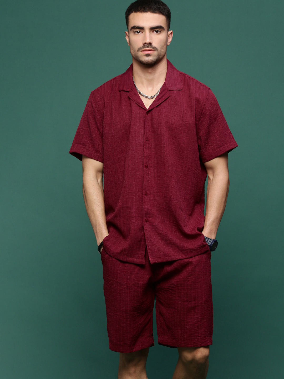 Men Maroon Cuban Collar Solid Co Ords Set