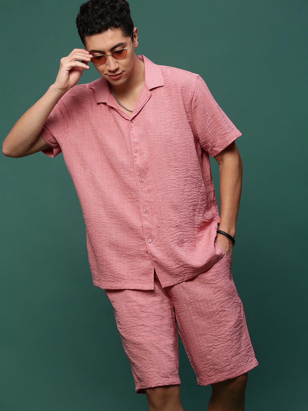 Men Pink Cuban Collar Solid Co Ords Set